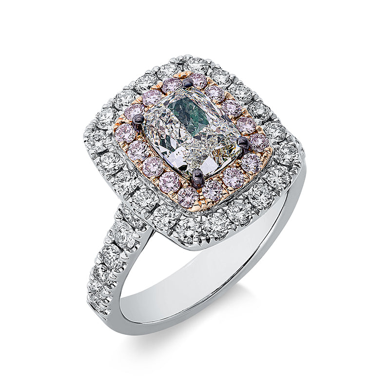 Ring 18 kt WG+RG, 32 Brill. 0,94 ct, TW-si, 1 Cushion 1,52 ct, grün, 16 Brill. 0,29 ct, pink