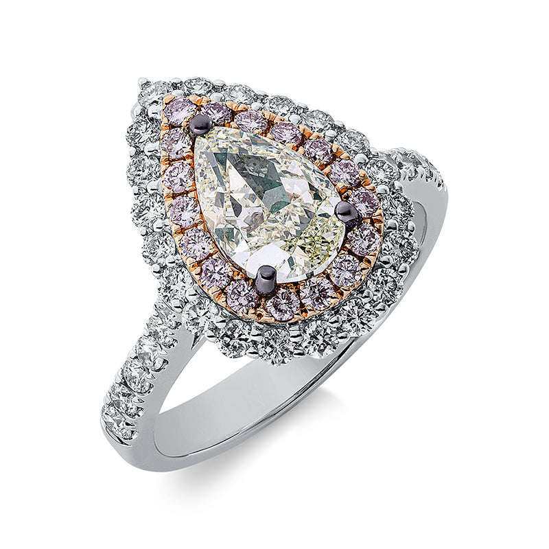 Ring 18 kt WG+RG, 35 Brill. 0,74 ct, TW-si, 1 Tropfen 1,51 ct, grün, 17 Brill. 0,25 ct, pink