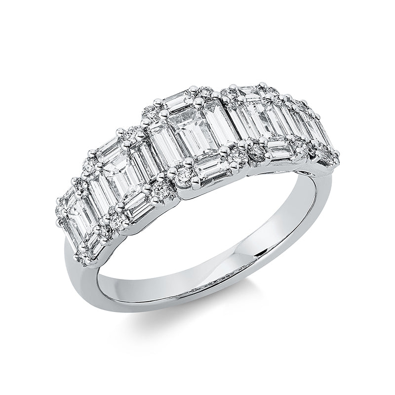 Ring 18 kt WG, 20 Trap. 0,65 ct, TW-si, 5 Bag. 0,57 ct, TW-vsi, 20 Brill. 0,18 ct, TW-si