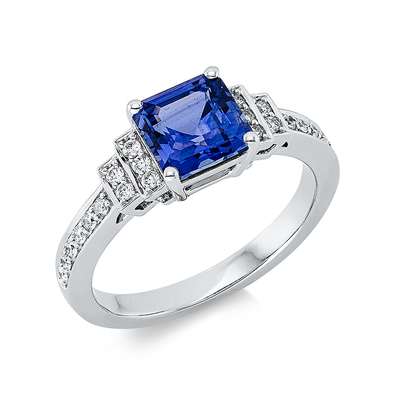 Ring 18 kt WG, 22 Brill. 0,20 ct, TW-vsi, 1 Saphir 1,79 ct blau