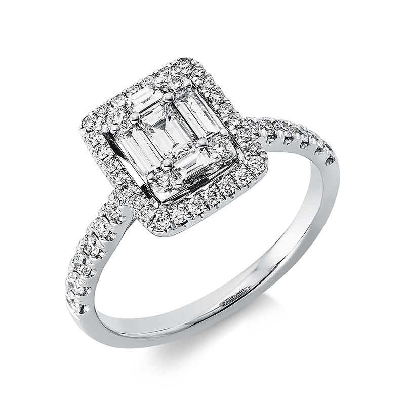 Ring 18 kt WG, 46 Brill. 0,40 ct, TW-si, 4 Trap. 0,23 ct, TW-si, 1 Bag. 0,17 ct, TW-vsi