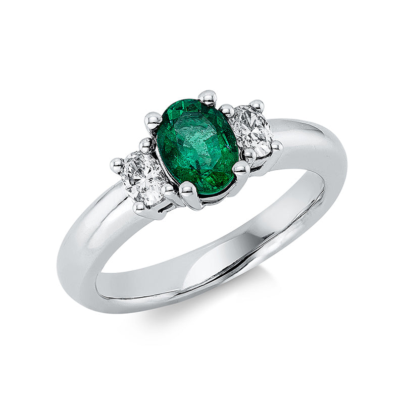 Ring 18 kt WG, 2 Oval 0,28 ct, TW-vsi, 1 Smaragd 0,77 ct grün