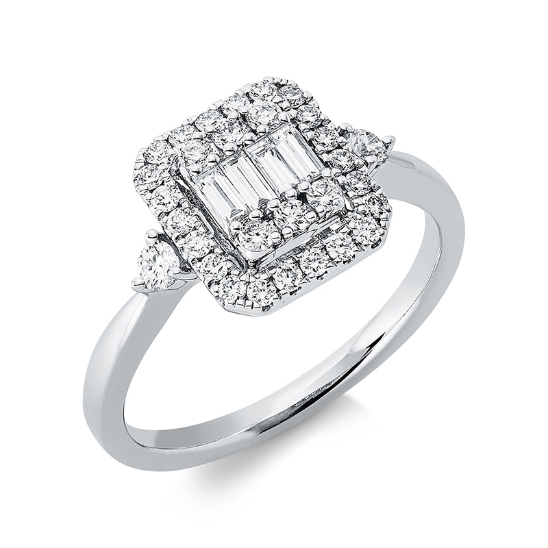 Ring 18 kt WG, 28 Brill. 0,29 ct, TW-si, 4 Bag. 0,15 ct, TW-si, 2 Brill. 0,09 ct, TW-si