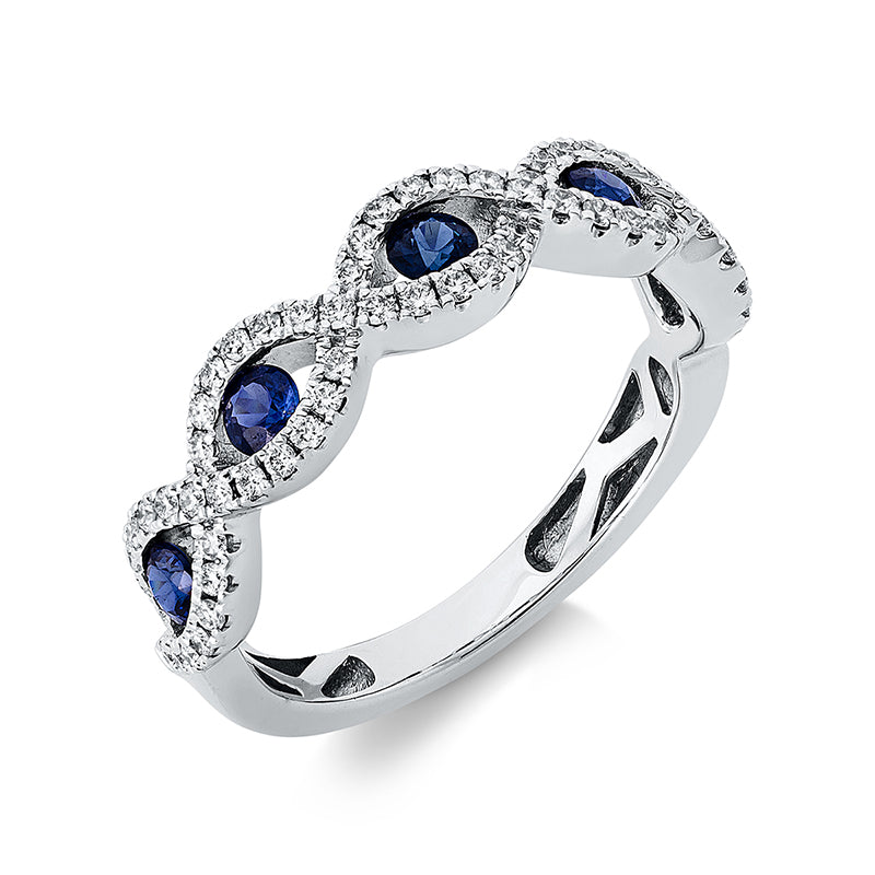 Ring 18 kt WG, 66 Brill. 0,30 ct, TW-si, 5 Saphire 0,48 ct blau