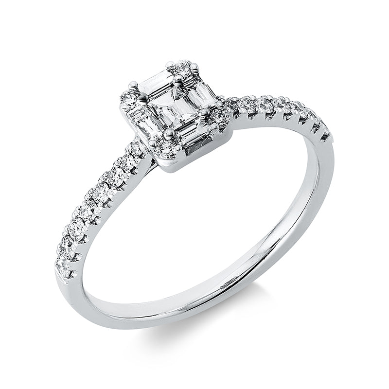 Ring 18 kt WG, 20 Bag. 0,21 ct, TW-si, 4 Brill. 0,14 ct, TW-si, 1 Bag. 0,09 ct, TW-vsi