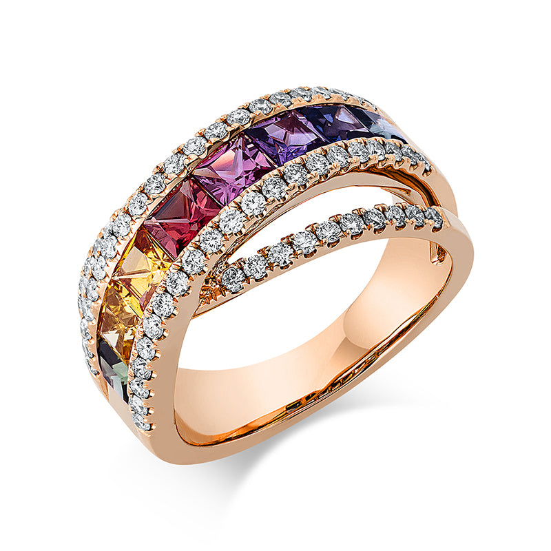 Ring 18 kt RG, 62 Brill. 0,54 ct, TW-si, 8 Saphire 2,08 ct multicolor