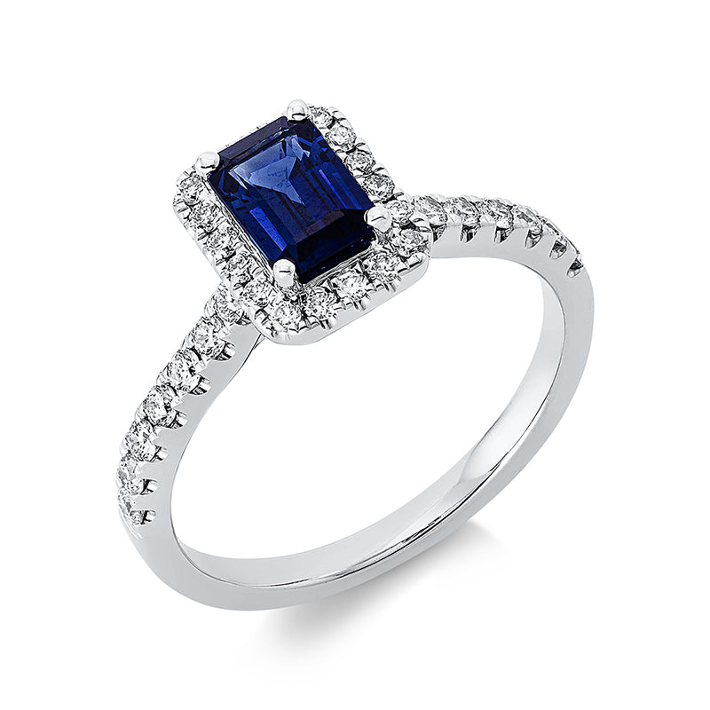 Ring 18 kt WG, 32 Brill. 0,39 ct, TW-si, 1 Saphir 0,86 ct blau