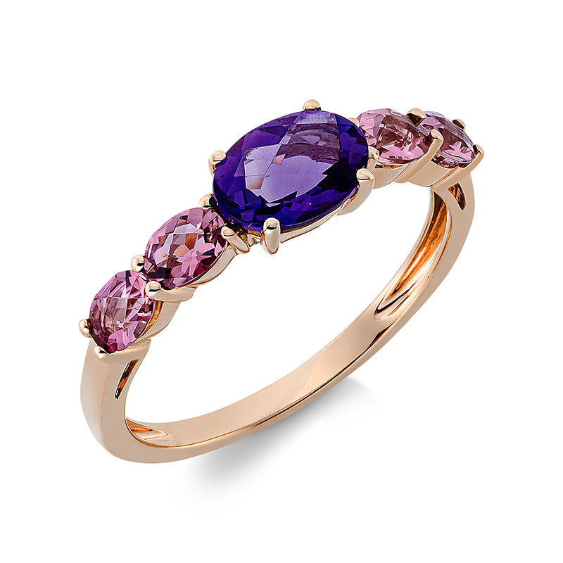 Ring 18 kt RG, 1 Amethyst 0,70 ct lila, 4 Turmalin 0,70 ct pink