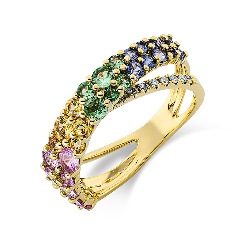 Ring 18 kt GG, 18 Brill. 0,13 ct, TW-si, 5 Saphire 0,47 ct gelb, 6 Tsavorith 0,36 ct grün, 10 Saphire 0,41 ct blau, 9 Saphire 0,98 ct pink