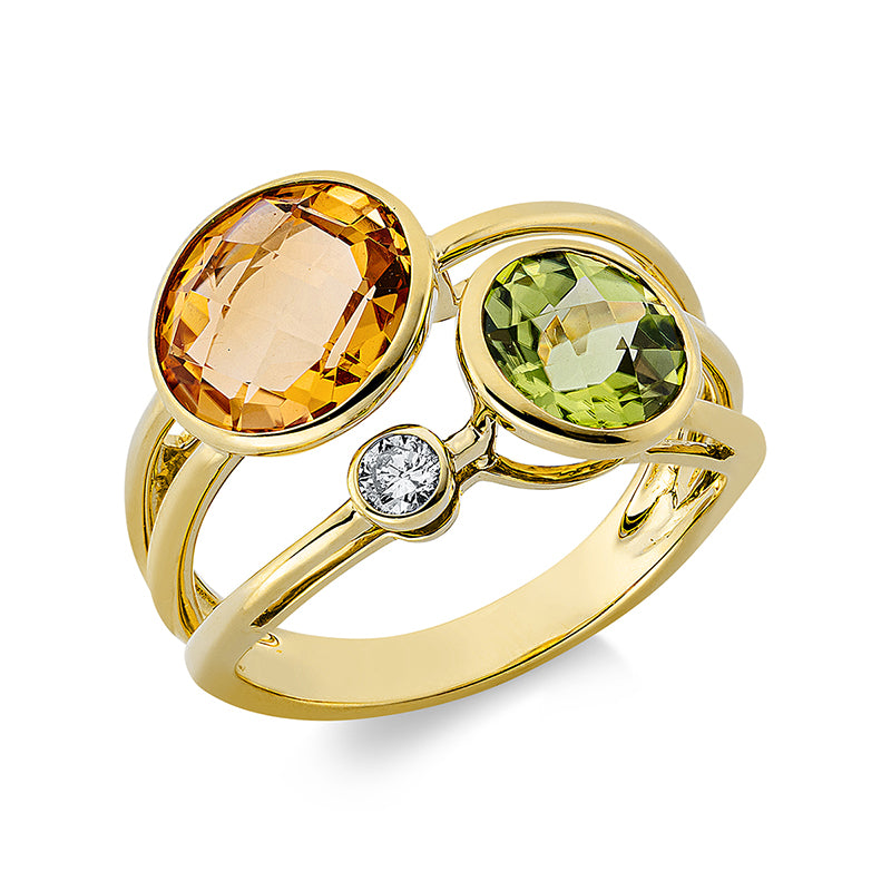 Ring 18 kt GG, 1 Brill. 0,09 ct, TW-si, 1 Citrin 2,70 ct gelb, 1 Peridot 1,60 ct grün