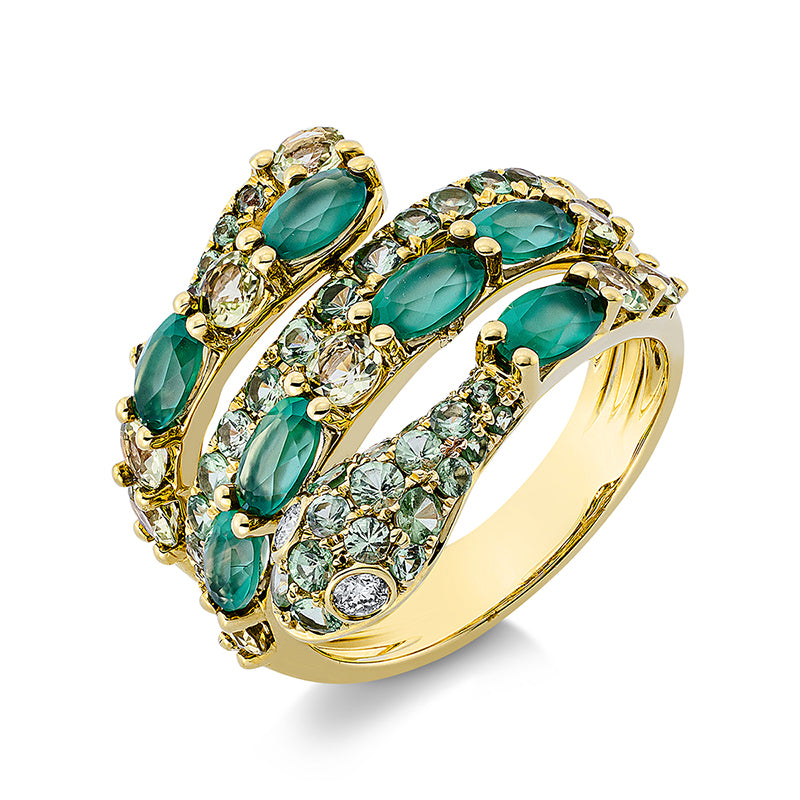 Ring 18 kt GG, Fassung teils schwarz rhodinie, 2 Brill. 0,08 ct, TW-si, 9 Peridot 1,10 ct grün, 7 Achat 1,40 ct grün, 41 Tsavorith 1,15 ct grün