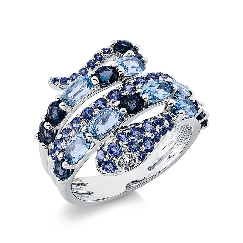 Ring 18 kt WG, Fassung teils schwarz rhodinie, 2 Brill. 0,08 ct, TW-si, 9 Topase 1,20 ct Lond. blue, 7 Topase 1,90 ct blau, 41 Saphire 1,14 ct blau