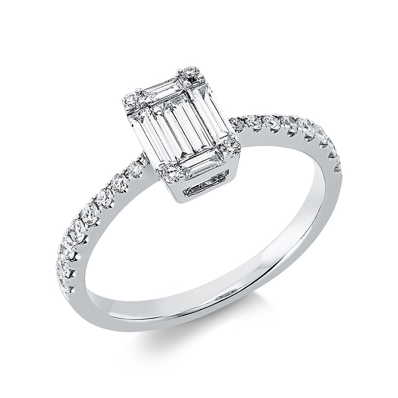 Ring 18 kt WG, 2 Trap. 0,05 ct, TW-vsi, 4 Bag. 0,23 ct, TW-vsi, 20 Brill. 0,25 ct, TW-si