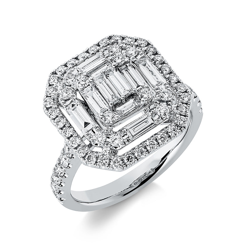 Ring 18 kt WG, 4 Bag. 0,15 ct, TW-vsi, 6 Bag. 0,34 ct, TW-vsi, 58 Brill. 0,68 ct, TW-si
