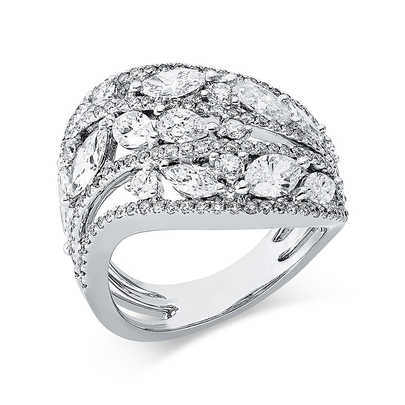 Ring 18 kt WG, 1 Tropfen 0,12 ct, 4 Nav. 0,51 cti, 5 Nav. 1,40 ct, TW-vsi, 129 Brill. 0,90 ct, TW-si