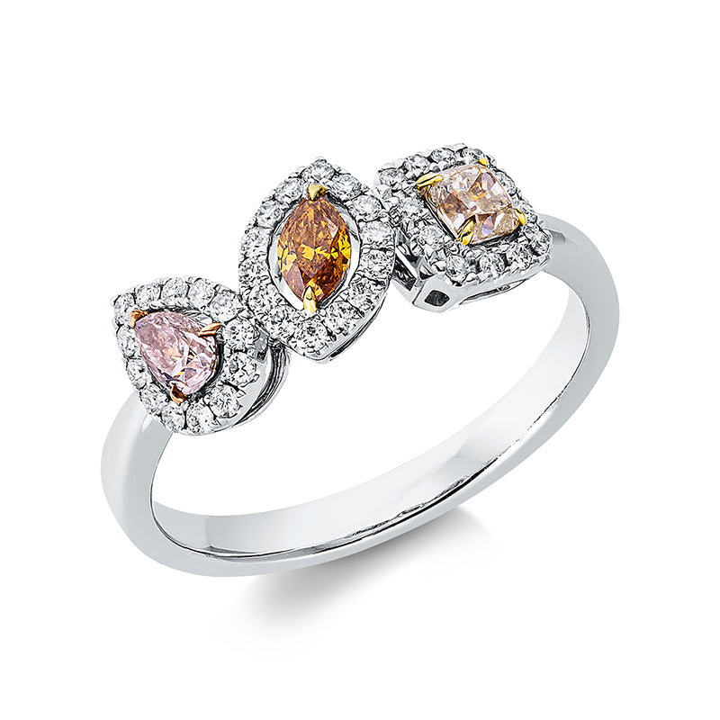 Ring 18 kt WG+GG+RG, 39 Brill. 0,22 ct, TW, 1 Tropfen 0,13 ct, pink, 1 Cushion 0,18 ct, gelb, 1 Nav. 0,13 ct, braun