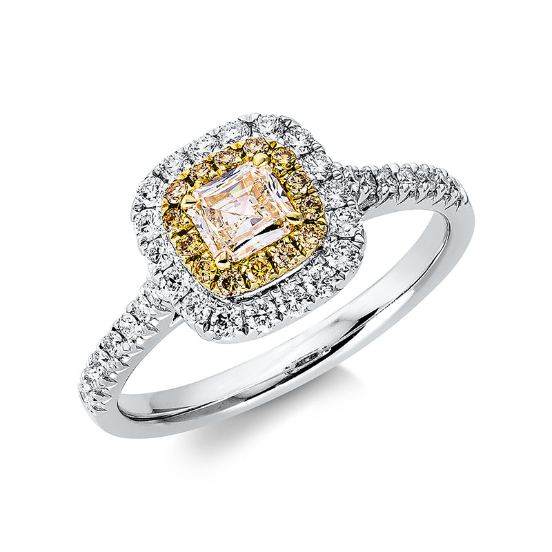 Ring 18 kt WG+GG, 32 Brill. 0,32 ct, TW-si, 1 Cushion 0,26 ct, gelb, 14 Brill. 0,09 ct, gelb