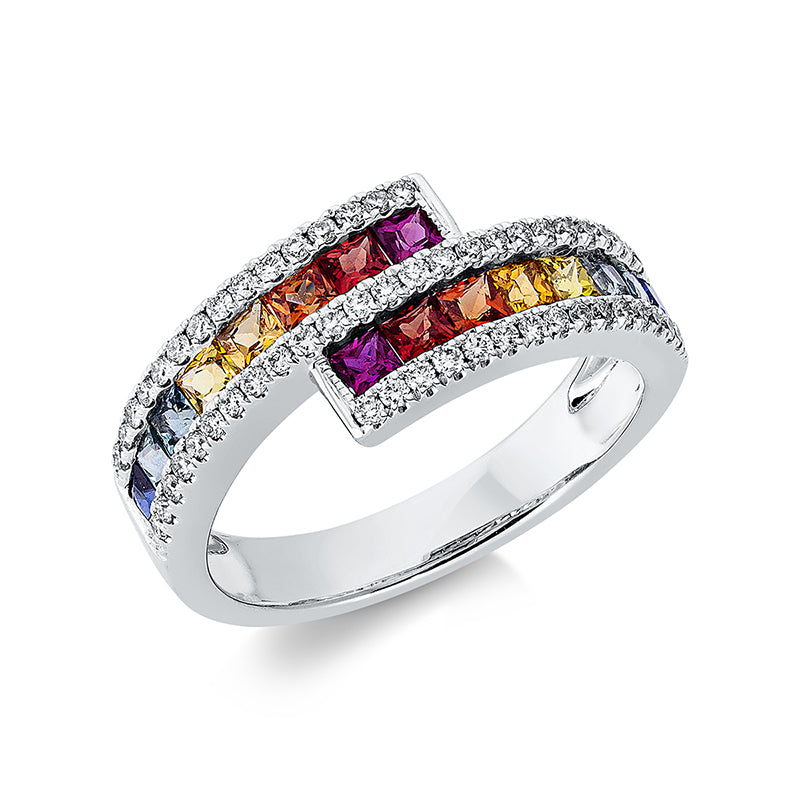 Ring 18 kt WG, 55 Brill. 0,27 ct, TW-si, 16 Saphire 1,15 ct multicolor