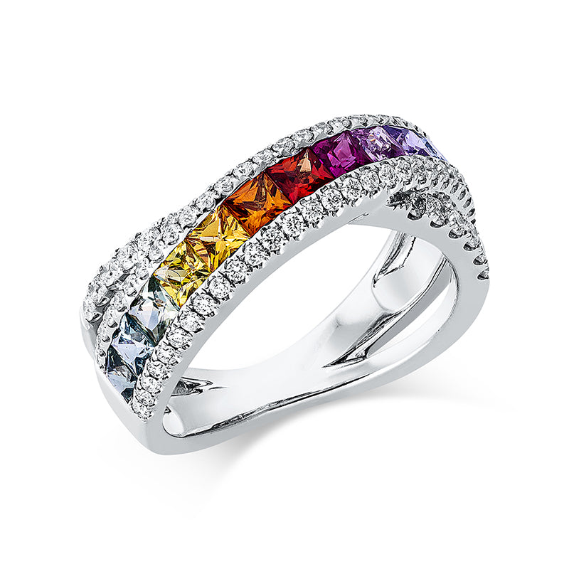 Ring 18 kt WG, 68 Brill. 0,42 ct, TW-si, 13 Saphire 1,40 ct multicolor