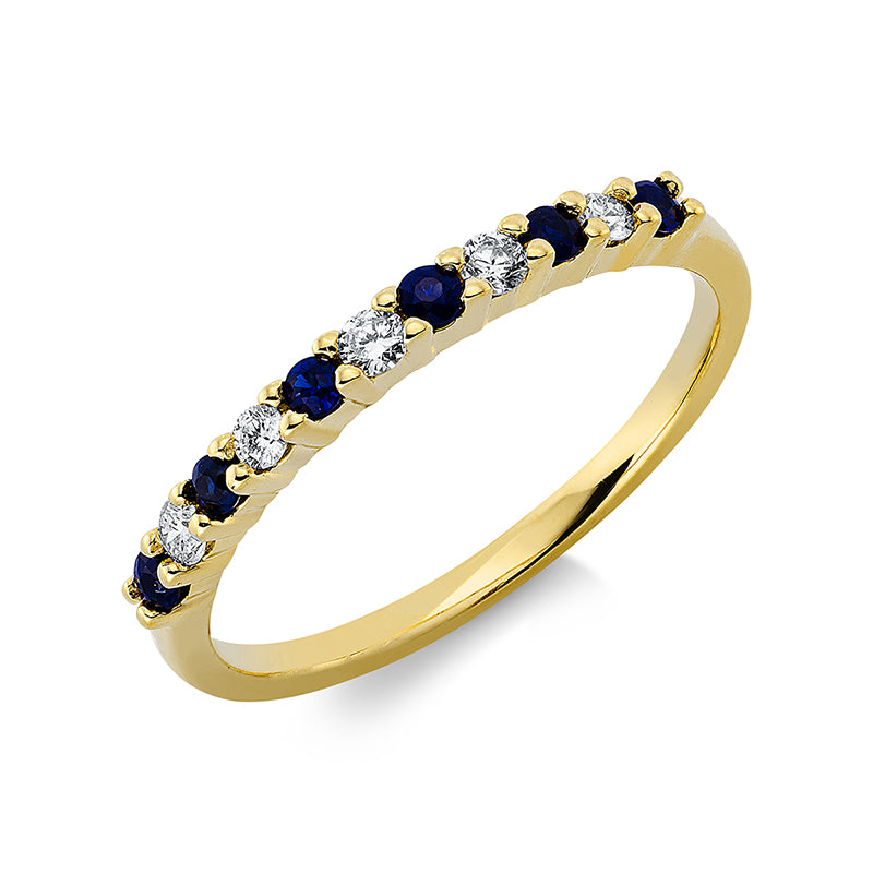 Ring 18 kt GG, 5 Brill. 0,12 ct, TW-pi, 6 Saphire 0,16 ct blau