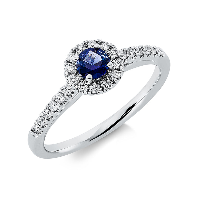 Ring 18 kt WG, 24 Brill. 0,19 ct, TW-vsi, 1 Saphir 0,25 ct blau