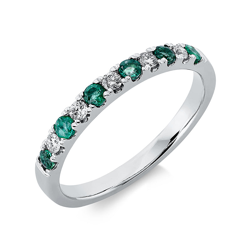 Ring 18 kt WG, 5 Brill. 0,13 ct, TW-pi, 6 Smaragde 0,24 ct grün