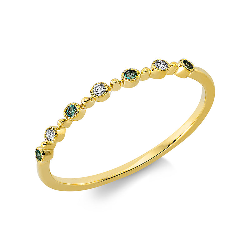 Ring 18 kt GG, 3 Brill. 0,03 ct, TW-pi, 4 Smaragde 0,04 ct grün