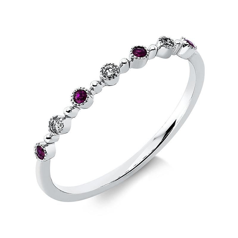 Ring 18 kt WG, 3 Brill. 0,03 ct, TW-pi, 4 Rubine 0,06 ct rot