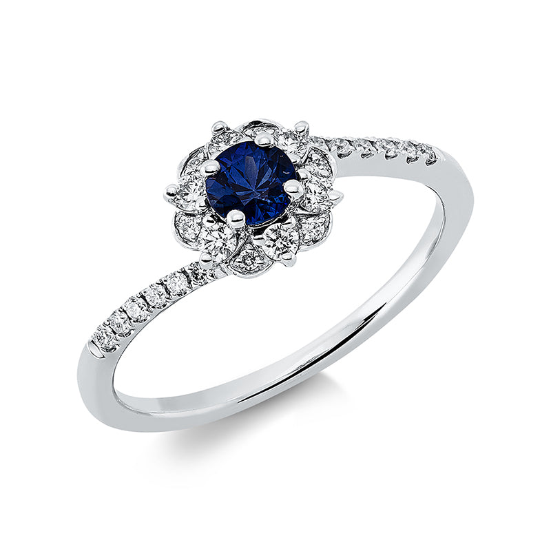 Ring 18 kt WG, 6 Brill. 0,11 ct, TW-si, 18 Brill. 0,09 ct, TW-si, 1 Saphir 0,31 ct blau