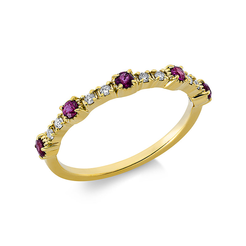 Ring 18 kt GG, 8 Brill. 0,07 ct, TW-pi, 5 Rubine 0,27 ct rot