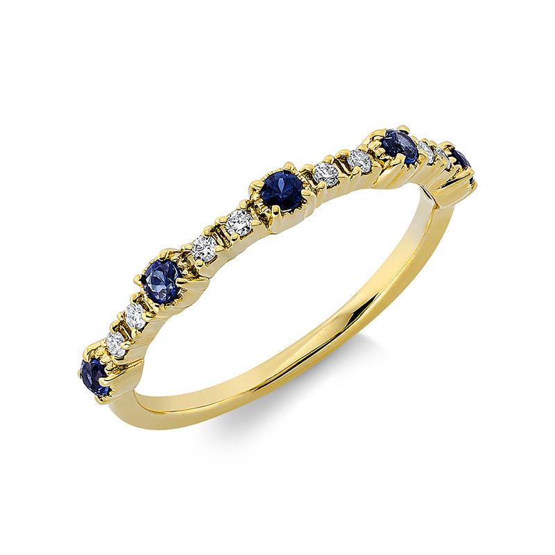 Ring 18 kt GG, 8 Brill. 0,07 ct, TW-pi, 5 Saphire 0,22 ct blau