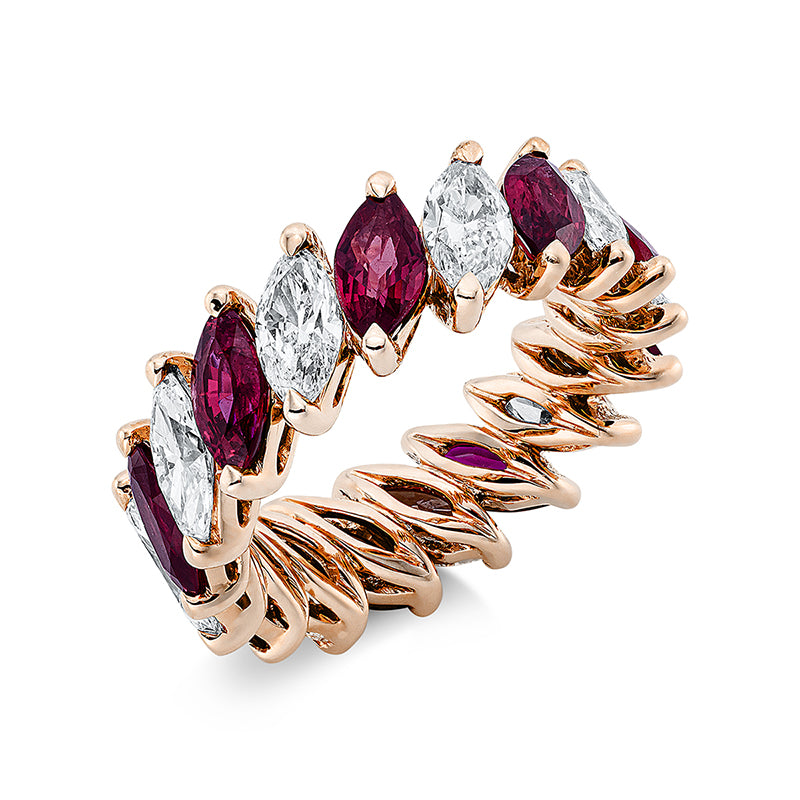 Ring 18 kt RG, 6 Nav. 1,86 ct, TW-vsi, 3 Nav. 0,79 ct, TW-vsi, 9 Rubine 3,56 ct rot