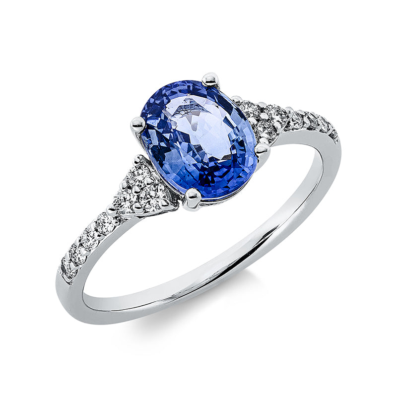 Ring 18 kt WG, 14 Brill. 0,18 ct, TW-pi, 1 Saphir 1,69 ct blau