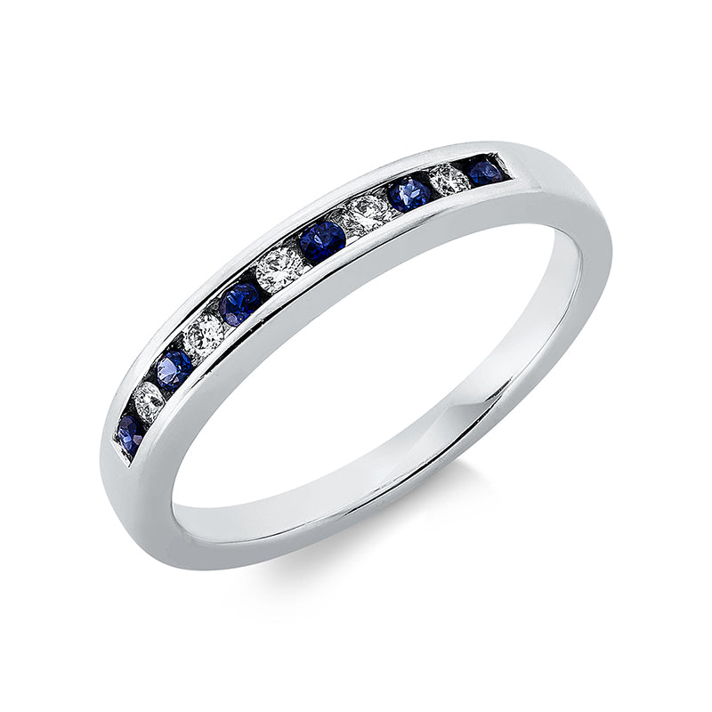 Ring 18 kt WG, 5 Brill. 0,08 ct, TW-vsi, 6 Saphire 0,12 ct blau