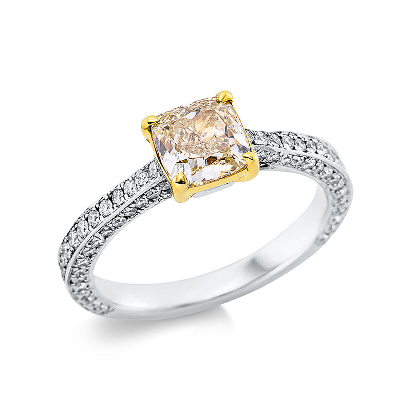 Ring 18 kt WG+GG, GIA 2406424254, 100 Brill. 0,48 ct, F-vsi, 1 Cushion 0,92 ct, gelb-si2