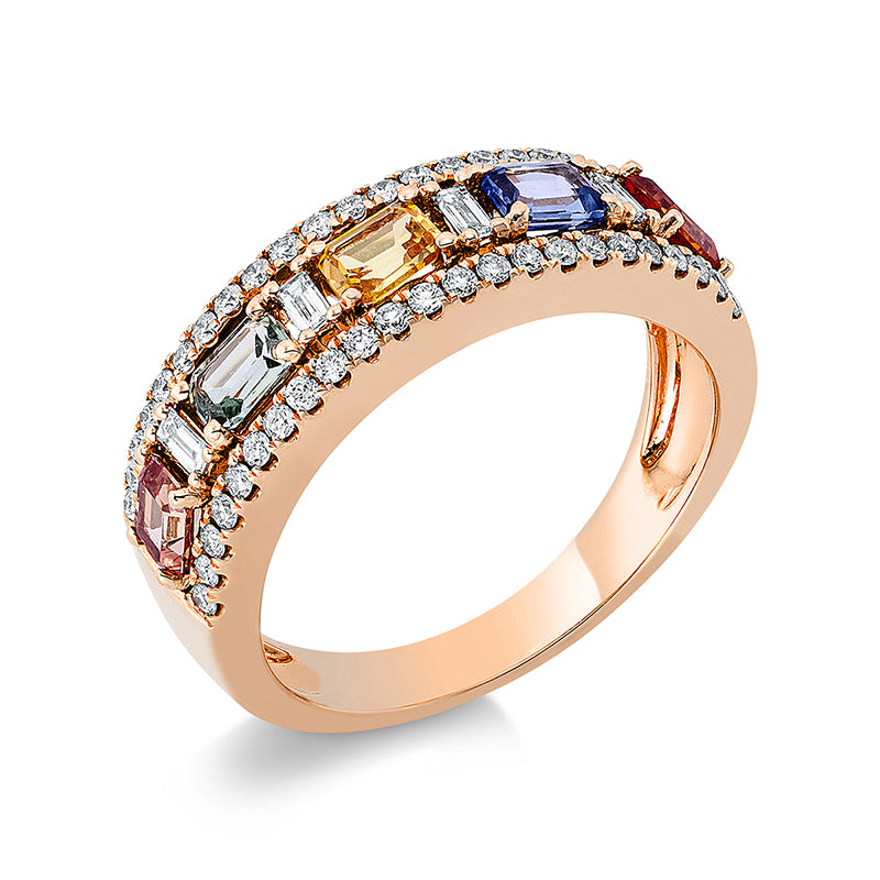 Ring 18 kt RG, 4 Bag. 0,10 ct, TW-si, 46 Brill. 0,28 ct, TW-si, 5 Saphire 1,21 ct fancy