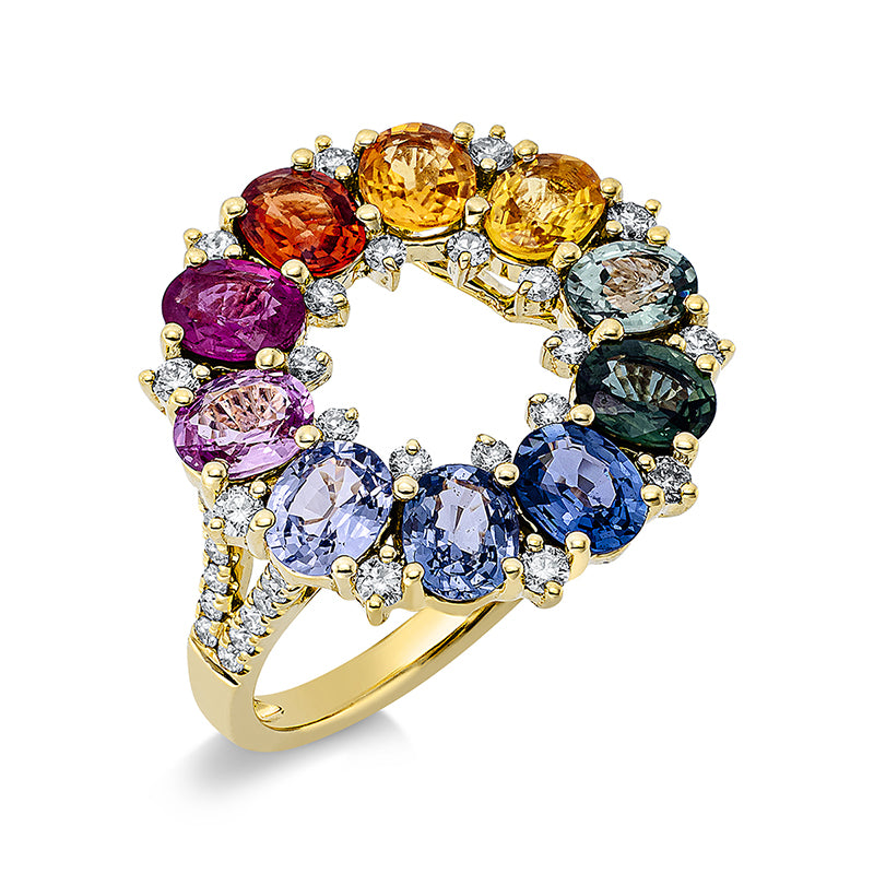 Ring 18 kt GG, 44 Brill. 0,54 ct, TW-si, 10 Saphire 4,28 ct fancy