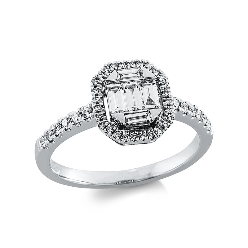 Ring 18 kt WG, 12 Brill. 0,13 ct, TW-si, 2 Bag. 0,08 ct, TW-si, 3 Bag. 0,21 ct, TW-si, 28 Brill. 0,06 ct, TW-si