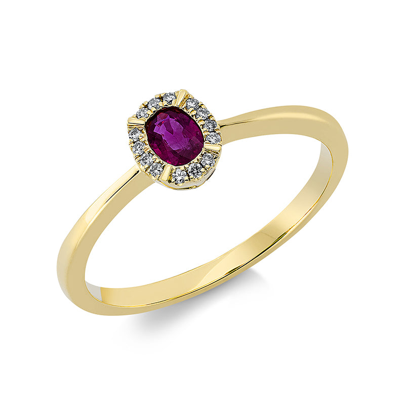Ring 18 kt GG, 14 Brill. 0,05 ct, TW-si, 1 Rubin 0,23 ct rot