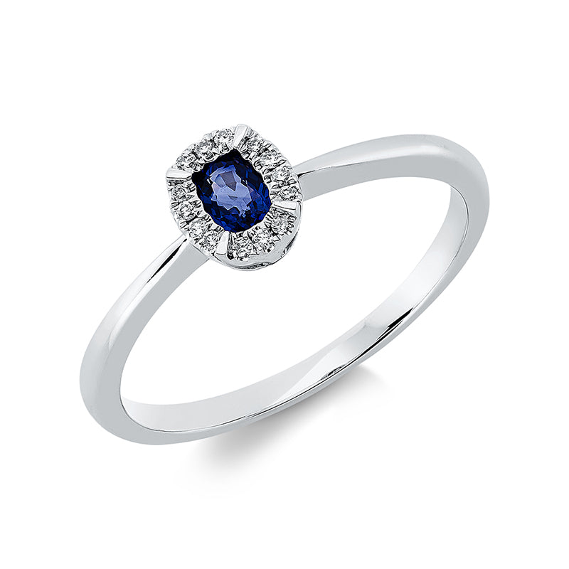 Ring 18 kt WG, 14 Brill. 0,05 ct, TW-si, 1 Saphir 0,26 ct blau