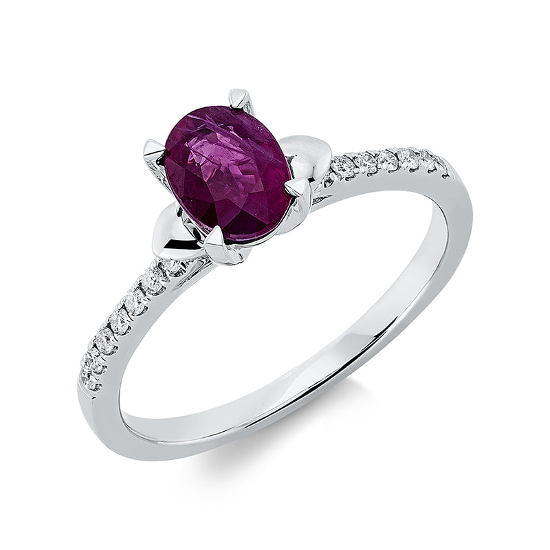 Ring 18 kt WG, 18 Brill. 0,12 ct, TW-si, 1 Rubin 0,99 ct rot
