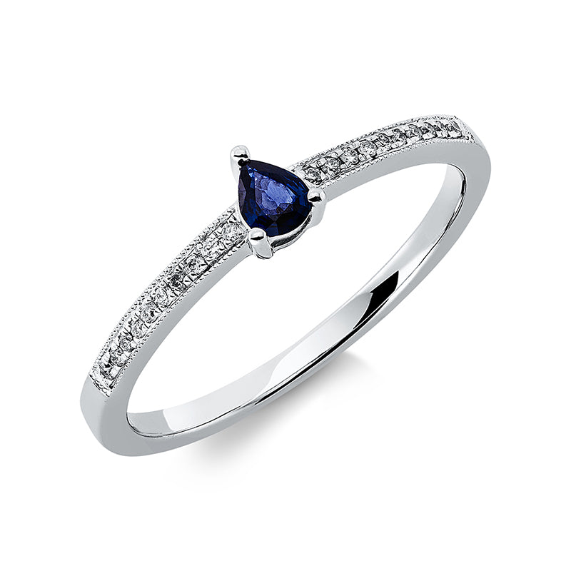 Ring 18 kt WG, 20 Brill. 0,06 ct, TW-si, 1 Saphir 0,12 ct blau