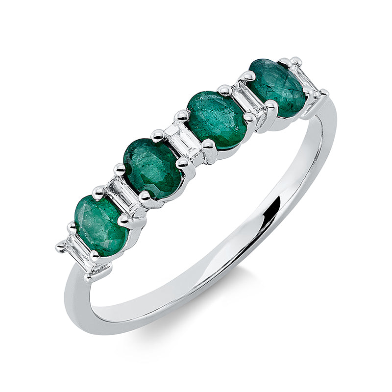 Ring 18 kt WG, 5 Brill. 0,11 ct, TW-si, 4 Smaragde 0,61 ct grün
