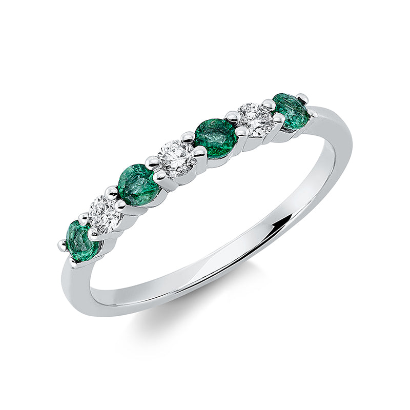 Ring 18 kt WG, 3 Brill. 0,16 ct, TW-si, 4 Smaragde 0,27 ct grün