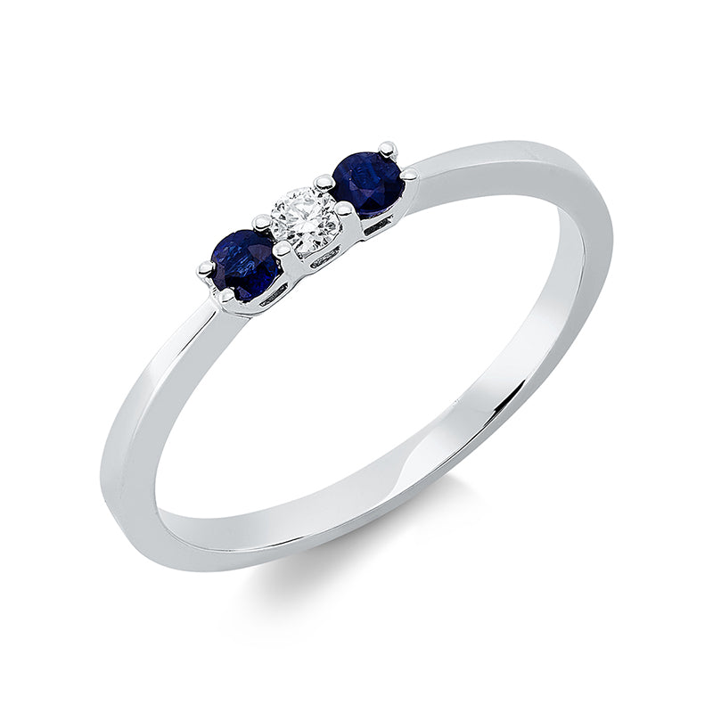 Ring 18 kt WG, 1 Brill. 0,06 ct, TW-si, 2 Saphire 0,16 ct blau