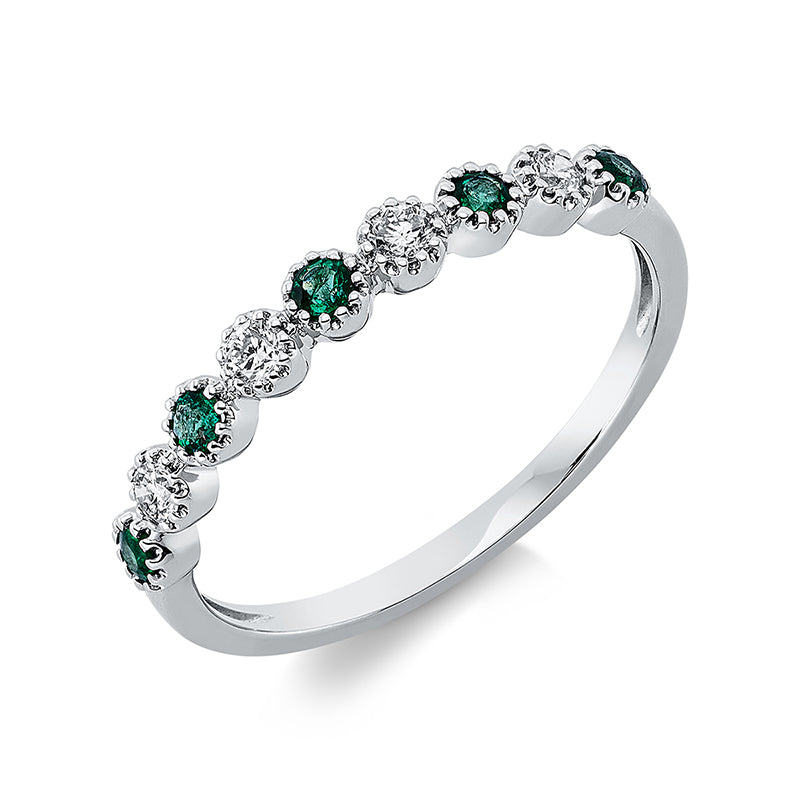 Ring 18 kt WG, 4 Brill. 0,15 ct, TW-si, 5 Smaragde 0,16 ct grün