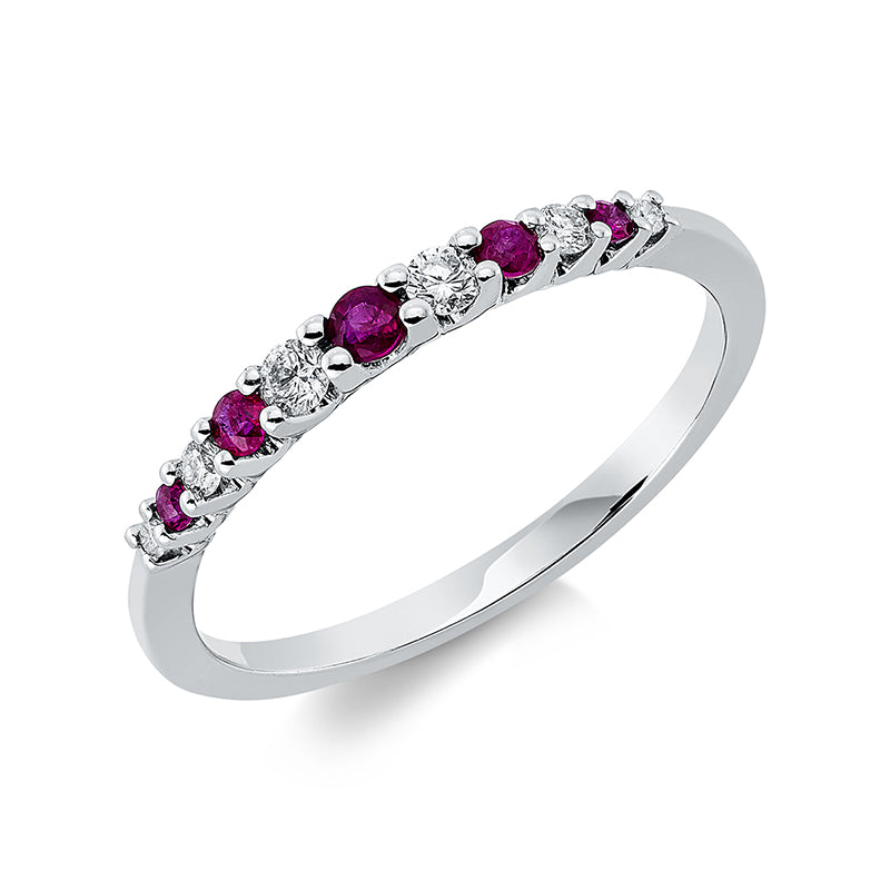 Ring 18 kt WG, 2 Brill. 0,03 ct, TW-si, 4 Brill. 0,14 ct, TW-si, 2 Rubine 0,12 ct rot, 4 Rubine 0,14 ct rot