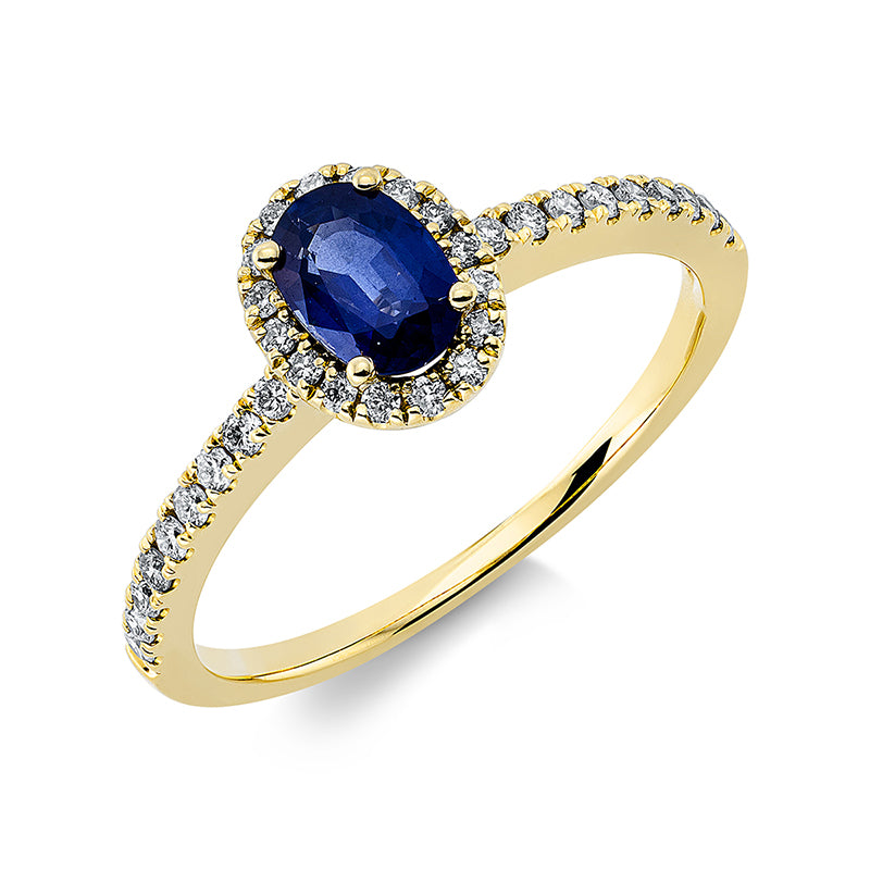 Ring 18 kt GG, 34 Brill. 0,28 ct, TW-si, 1 Saphir 0,61 ct blau