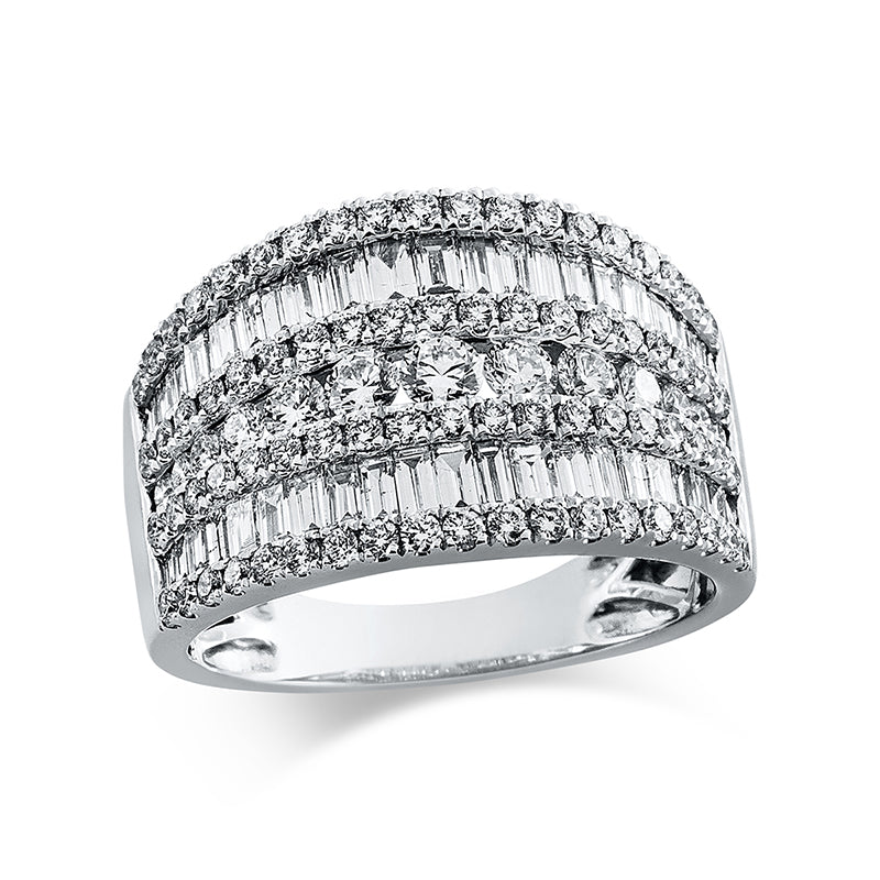 Ring 18 kt WG, 6 Brill. 0,28 ct, TW-si, 1 Brill. 0,08 ct, TW-si, 30 Bag. 0,71 ct, TW-si, 12 Bag. 0,16 ct, TW-si, 82 Brill. 0,74 ct, TW-si