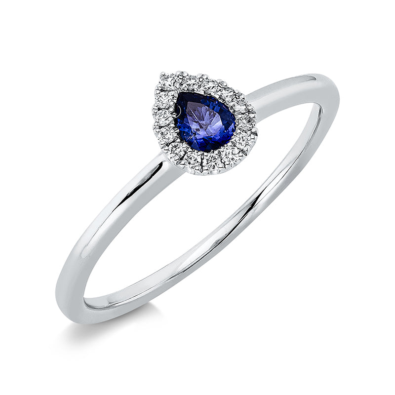 Ring 18 kt WG, 14 Brill. 0,06 ct, TW-si, 1 Saphir 0,23 ct blau